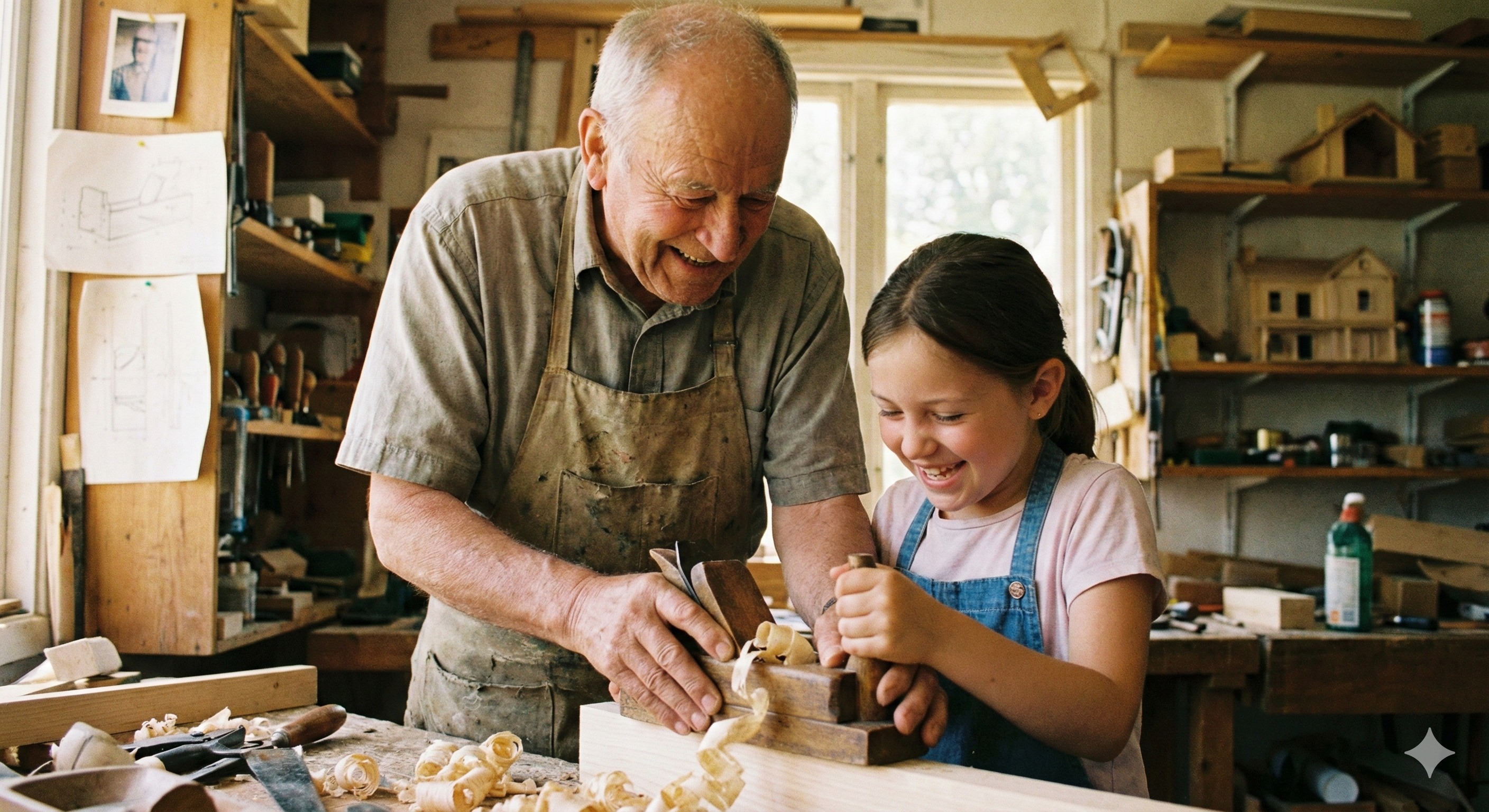 Ein lachender älterer Mann und ein junges Mädchen arbeiten gemeinsam fröhlich mit einem Hobel in einer sonnendurchfluteten Holzwerkstatt. Das Bild symbolisiert intergenerationalen Austausch, Mentoring und Lebensfreude im Alter.