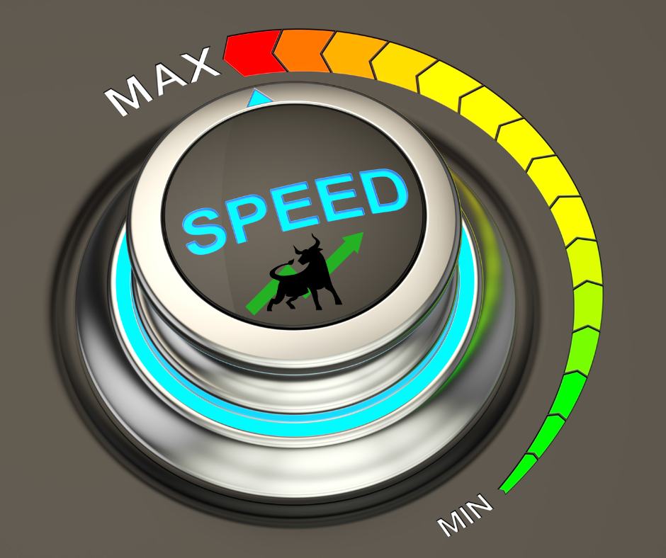 Drehknopf auf Maximum mit Schriftzug SPEED und Bullen-Symbol – Sinnbild für mentale Leistungssteigerung und Fokus durch Hypnose im Trading